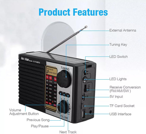 ikaufen MP3 Solar Portable FM/AM SW Radio Digital Bluetooth Speaker Player Rechargeable Comes with a Flashlight