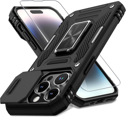 DEERLAMN iPhone 14 Pro Case - Black, 6.1" Military Grade Shockproof, Slide Camera Cover, Screen Protector & Kickstand.