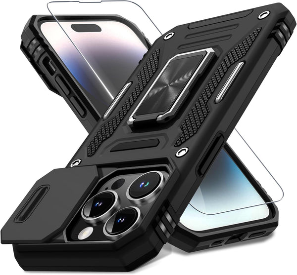 DEERLAMN iPhone 14 Pro Case - Black, 6.1" Military Grade Shockproof, Slide Camera Cover, Screen Protector & Kickstand.