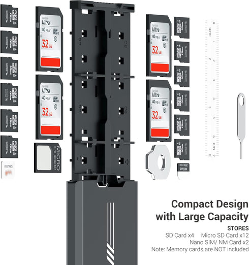 Aluminum Pop up Memory Card Case for 12 Micro SD TF MSD,4 SD,2 Nano SIM/NM Cards,Anti-Shock Anti Scratch,Comes with Carabiner, Flathead Tool,Micro SIM Adapter,Card Remove Tool and Mini Ruler (Black)