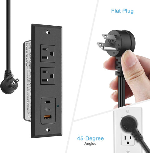 CCCEI 45W 6 45 Recessed Power Strip with USB-C Ports, Fast Charging USB A Port Desk Outlet, Black Furniture Hidden