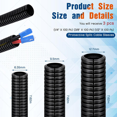 Sasylvia 1/4", 1/2", 3/8" 25 x Ft Split Wire Loom Tubing Wire Loom Assortment Split Cable Sleeves Bulk Flexible