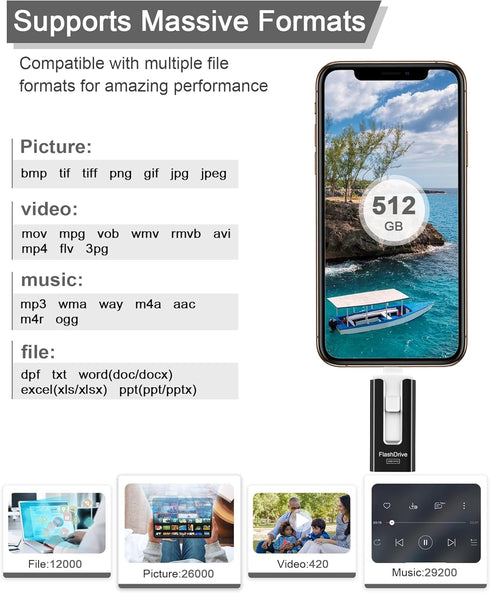 USB Flash Drive 512GB, External Data Storage Thumb Drive Compatible with Phone, Pad, Android, PC (Black)