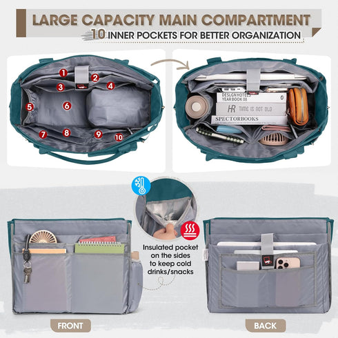 15.6 inch RAINSMORE Teacher Tote Bag with Insulated Lunch Compartment Laptop Bag for Women Lightweight Work Bags Nurse
