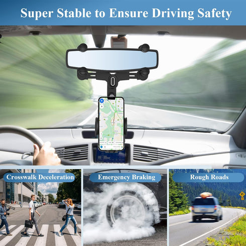 Car Phone Holder for Rearview Mirror, 360 Rotatable and Retractable, Fits 4.0-7.0 Inch Smartphones, Mirror-Black
