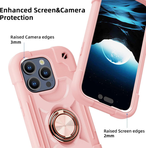 iPhone 15 Pro Case 6.1" - Rugged Military-Grade Shockproof Cover with Ring Stand, Glass & Camera Lens Protectors (Pink)