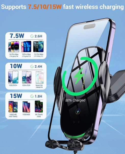 Wireless Car Charger, 15W Fast Auto-Clamping Charger for iPhone 15 14 13 12 11 Pro Max, Samsung Galaxy S23 Ultra S22