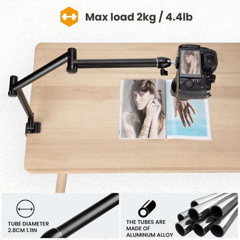 TARION Adjustable Camera Desk Mount Stand, Articulating Arm for DSLR Photography, Heavy Duty Tabletop Mount