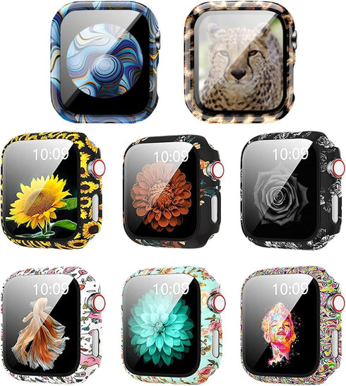8 Pack Case Compatible for Apple Watch SE Series 6 5 4 3 2, Hard PC Flowers Case with Tempered Glass Protectors