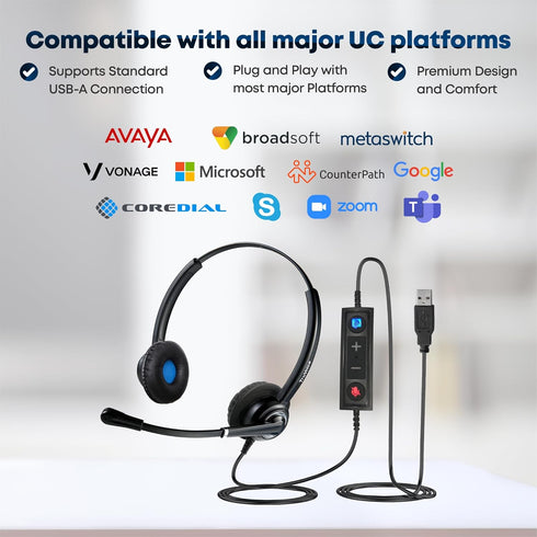 VoicePro 20 Professional USB Headset with Noise Canceling Microphone, HD Speakers, In-Line Call Controls