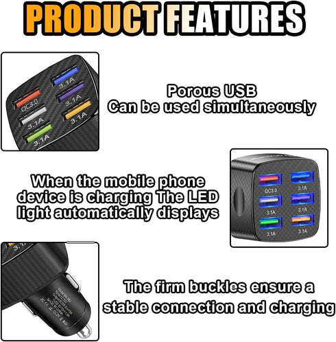 Car Charger Adapter, 6 USB Multi-Port Fast Charger QC3.0 Smart Shunt Cigarette Lighter Charger for Most Cell Phones