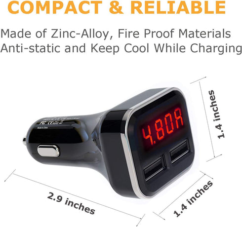4.8A 24W Dual USB Car Charger with Volt Meter - Car Battery Monitor with LED Voltage & Amps Display in Red LED,