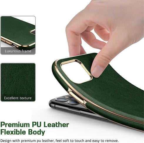 LOHASIC Luxury Leather iPhone 11 Pro Case – Slim Designer PU Cover with Electroplated Frame, Dark Green