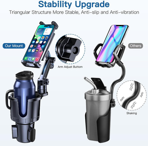 2 in 1 Car Cup Holder Phone Tablet Mount, Adjustable Long Arm with 360° Rotation for All Smartphones and Tablets