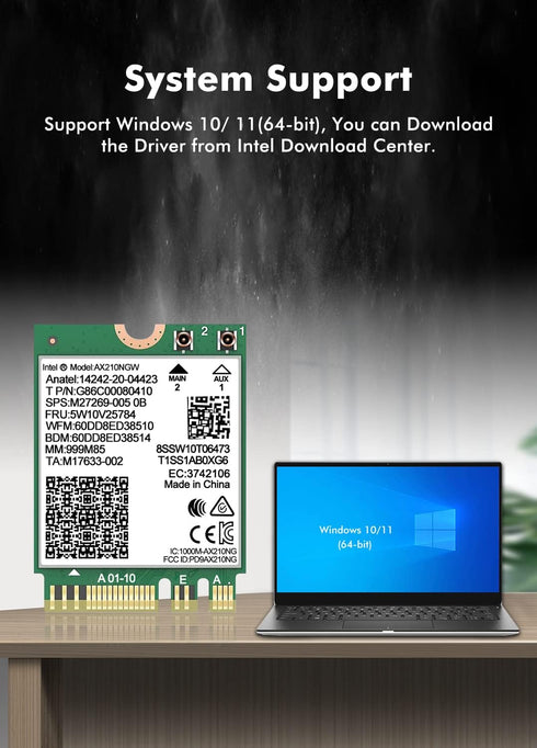 WiFi 6E Wireless Card, Intel AX210 NGW Bluetooth 5.3 Tri-Band 5400Mbps Network Adapter for Laptop, Supports Windows