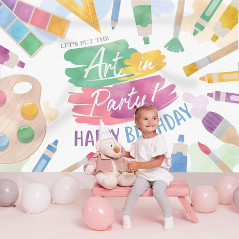 Happy Birthday Backdrop Painting Let's Put The Art in Party Background for Photography Dress for a Mess Splatter Paint Birthday Party Decoration Supplies Banner Photo Booth Studio Props 7x5ft