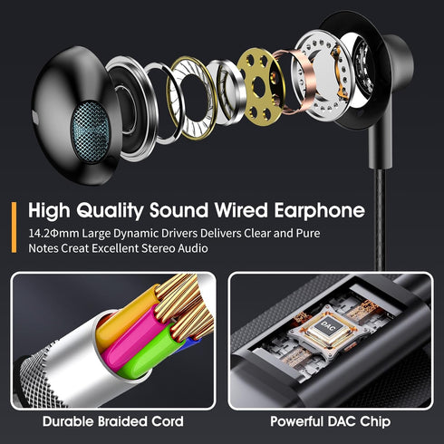Black Wired Earbuds with Mic, in-Ear Earphones Build-in Microphone HiFi Stereo Headphones for iPhone iPad Android Mp3