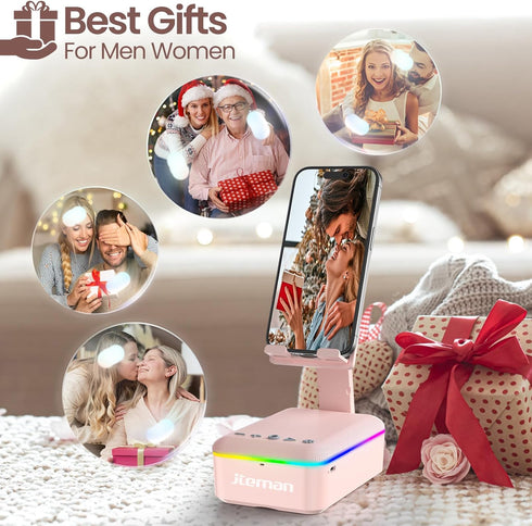 JTEMAN Gifts for Men Women, Cell Phone Stand with Bluetooth Speaker and LED Light, Unique Birthday Gifts for Dad, Mom
