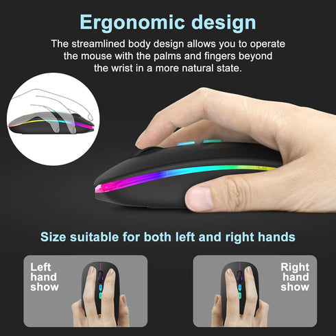 CC Store LED Wireless Bluetooth Mouse, Rechargeable Ultra Silent Slim, 2.4GHz Instant Connection, USB-C Adapter (Black)