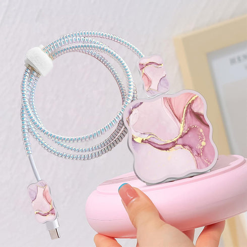 Cute DIY Cable Protector for iPhone Charger, Kawaii Luxurious Marble Pattern Data Line Saver for iPhone 11 12 13 14 Pro