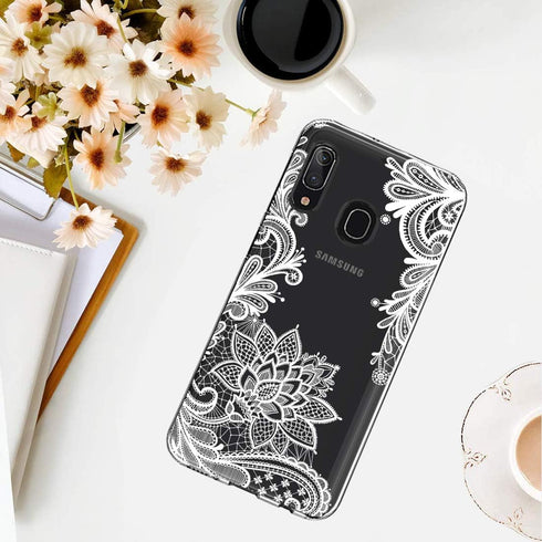 for Galaxy A20 Case - Shockproof Clear Floral Soft TPU Slim Phone Cover for Samsung Galaxy A20, White Mandala