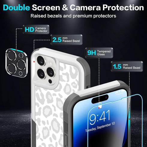 Shopify SEO Optimized:
iPhone 14 Pro Max Case - Cute White Leopard, Heavy-Duty 5-in-1, 2 Screen Protectors & 2 Camera