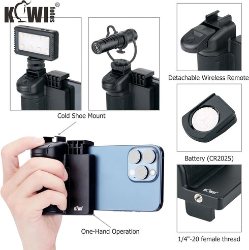 KIWIFOTOS Phone Tripod Mount, Camera Grip Handle Holder with Bluetooth Shutter for iPhone 14 15 Samsung