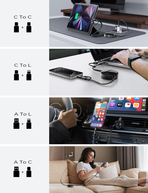 LISEN 60W PD3.0 Fast Retractable Charger, 5-in-1 Lightning Cable for MacBook Pro Air, Samsung Galaxy S24 S23 S20,