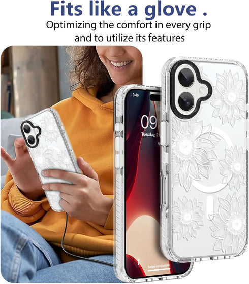 OOK 17 Clear Floral case for iPhone Case, Cute Sunflower Floral Blooms DesignSoft TPU Bumper Hard PC Shockproof