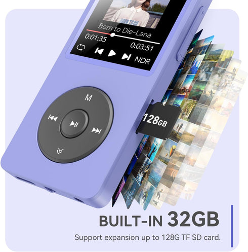 AGPTEK A02 MP3 5.3, 1.8 inch 128GB(Purple, 32GB) Player with Bluetooth Screen Portable Music Player with Speaker, FM