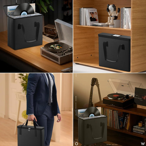 Fireproof Vinyl Record Storage Box, Water Resistant Organizer, Collapsible Carrying Case with Lid, Holds 30 Albums,