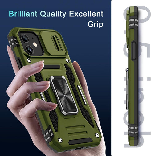 DEERLAMN iPhone 12/12 Pro Case - Olive Green, Military Grade Shockproof, Slide Camera Cover & 2 Screen Protectors.