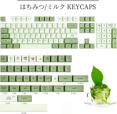 GTSP 124-Key Matcha Keycap Set, XDA Dye-Sub for 60% 65% 75% 100% Keyboard, Cherry MX Gateron Kailh Switch (Matcha