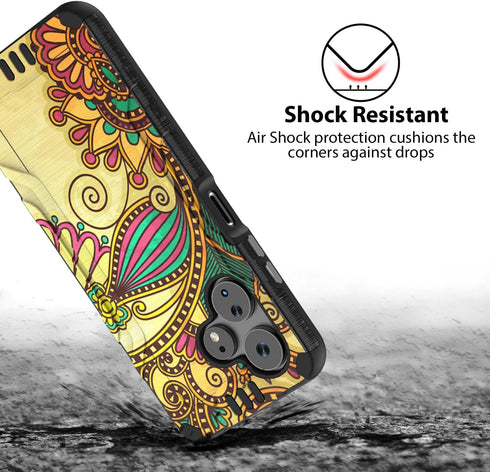 TJS Hybrid Shockproof Case for Boost Mobile Celero 5G + Plus 2024, Antique Flower, with Tempered Glass Screen Protector.