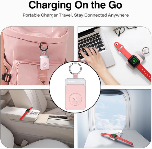 Portable Wireless Charger for Apple Watch Series 9/8/UItra/7/6/5/4/3/2/SE, 1500mAh Magnetic Keychain Charger, Pink