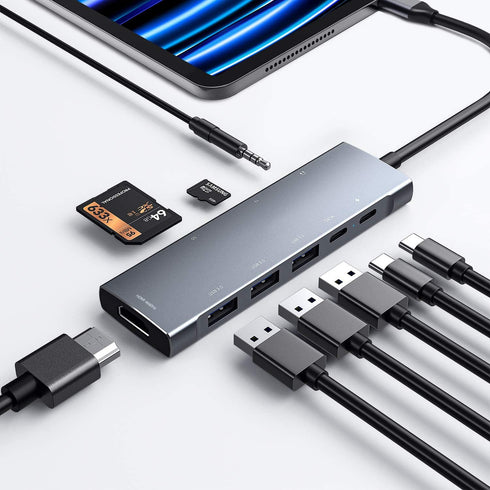 USB C HUB for iPad Pro 9-in-1 Adapter, Docking Station with 4K HDMI, USB-C PD, SD/TF Reader, for iPad Mini 6
