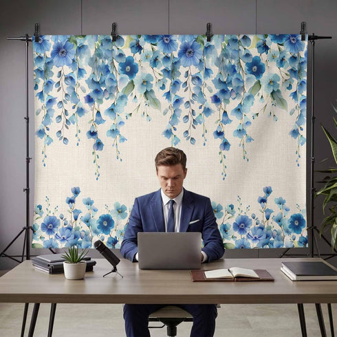 VANPTBNHS 10x8ft Curtain,Country Photography Backdrop,Retro Blue Flowers on Jam Professional Photography Background