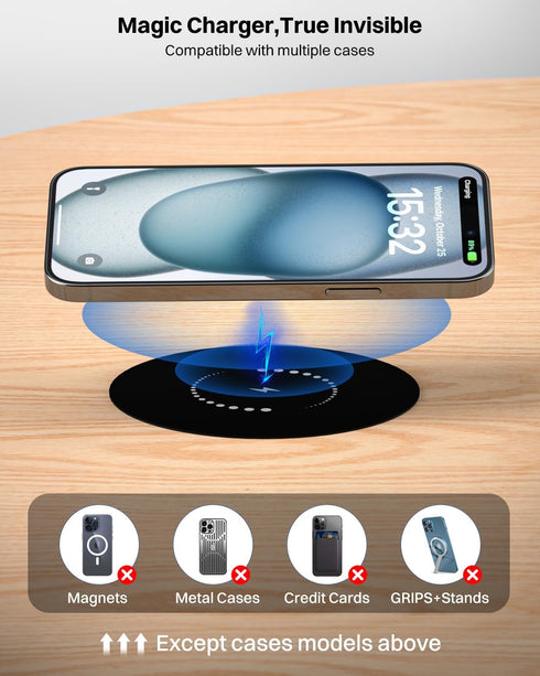 KPON Invisible Wireless Charger, 40MM(1.57") Wireless Charging Desk Mat Mouse Pad, Hidden Charging Station for iPhone