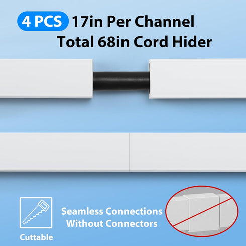 ZhiYo 68in Cord Hider Wall for One Cord, Easy Install Cable Cover, White Cable Raceway for Cord Management