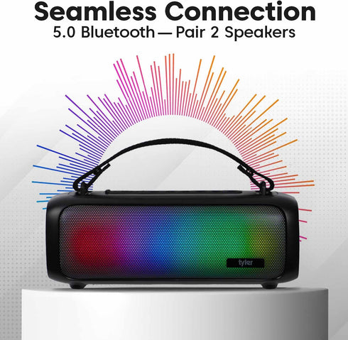 Tyler MP3 Wireless Bluetooth Speaker RGB Lighting Long Range Rechargeable Boombox USB AUX Inputs Fm Radio Sound & Bass