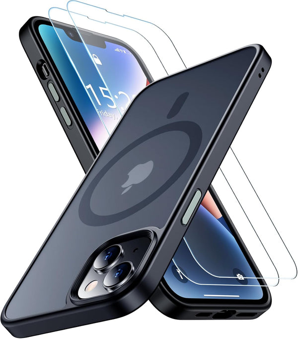 SPIDERCASE iPhone 13/14 Case - Slim, Military-Grade, MagSafe Compatible, Soft Touch, with 2 Tempered Glass Protectors -