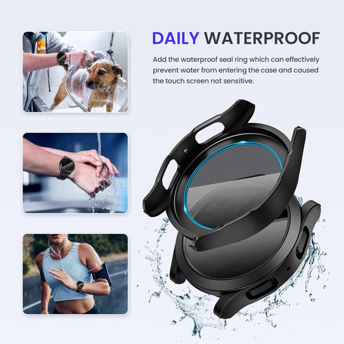 Goton Waterproof Case for Galaxy Watch 6, Tempered Glass Face Cover for Samsung Watch 6 Accessories 44mm, Privacy Black