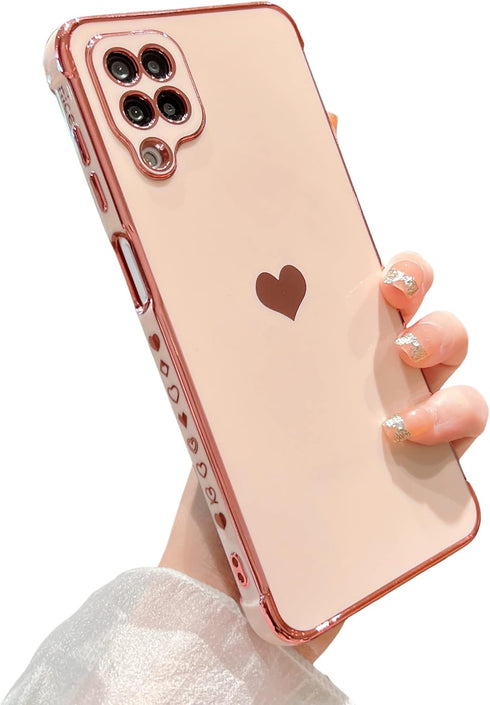 phylla Pink Galaxy A12 6.5” Phone Case, Cute Love Heart Gold Plating Edge Luxury Elegant Shockproof Cover