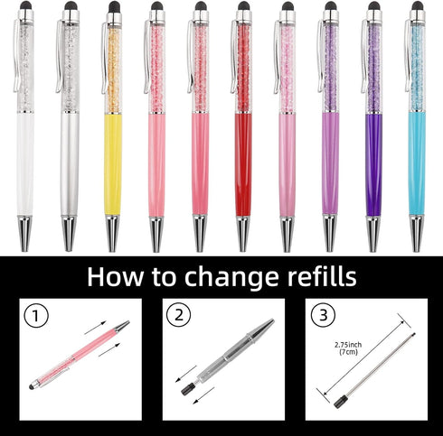 Ballpoint Pens 3 pcs 2 in 1 Bling Crystal Diamond Pen with Capacitive Touch Screen Stylus, Black Blue Ink