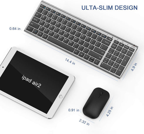 seenda Rechargeable Wireless Keyboard and Mouse Combo, Ultra Thin Low Profile with Number Pad, Black and Grey