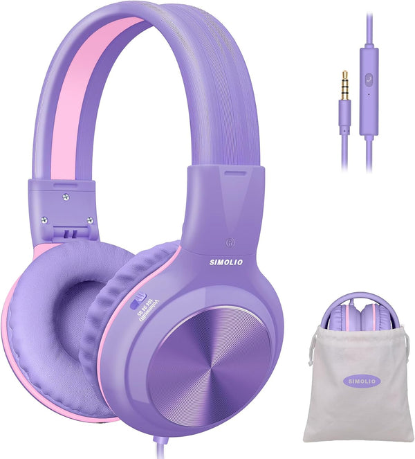 SIMOLIO Wired Headphones for Kids, Girls School Headphone with Microphone, Safe Volume Limiter, Foldable Adjustable