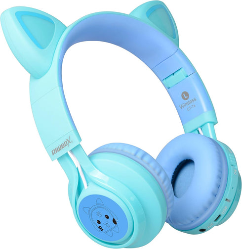Riwbox Kids Headphones, CT-7S Cat Ear Bluetooth Headphones, 85dB Volume Limiting, LED Light Up Over Ear with Microphone