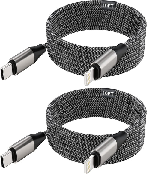 iPhone 10ft USB C to Lightning Cable, 2 Pack, MFi 20W Fast Charger, Nylon Braided, Compatible with iPhone