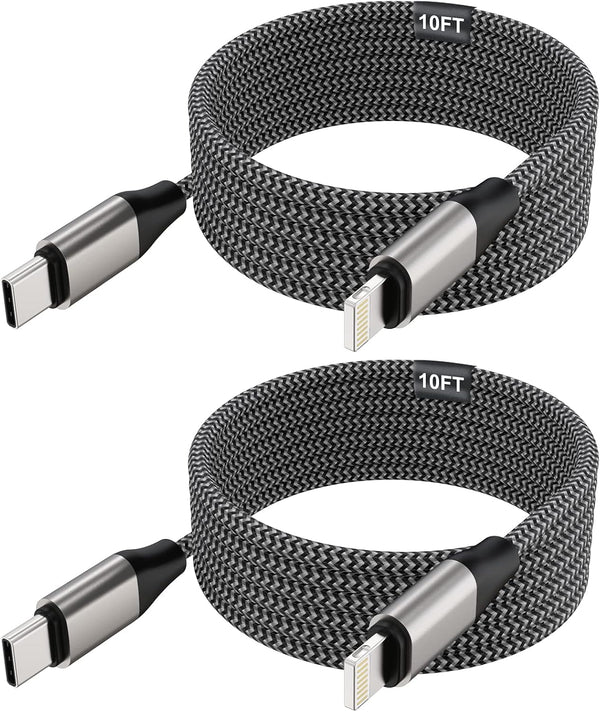 iPhone 10ft USB C to Lightning Cable, 2 Pack, MFi 20W Fast Charger, Nylon Braided, Compatible with iPhone