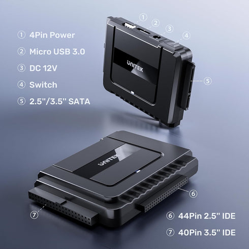 Unitek USB C to SATA IDE Adapter, External Hard Drive Converter Kit for 2.5/3.5 inch HDD/SSD, with USB A Connector